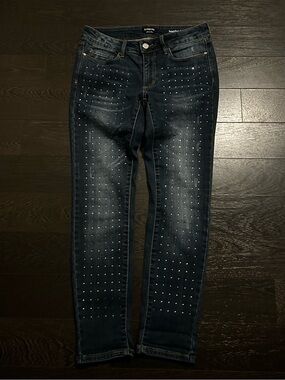 Bebe Heartbreaker Rhinestone Embellished Skinny Jeans Dark Wash Bling Y2K